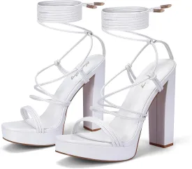 Elisabet Tang Women's Strappy Heeled Sandals, 5 inch Platform Heels Chunky Lace up High Heels Open Toe Party Shoes