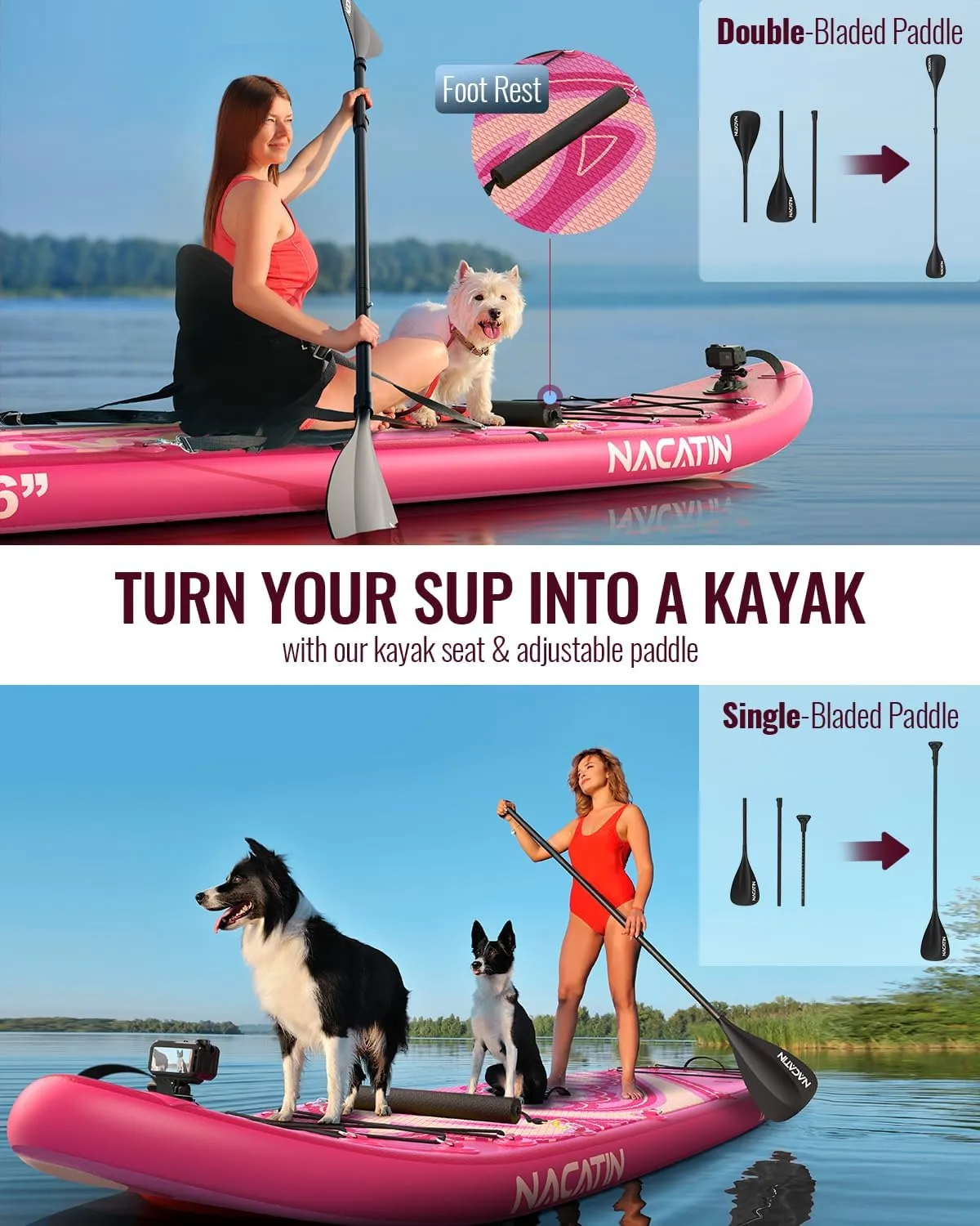 Inflatable Stand Up Paddle Board 12' with Kayak Seat & Dual Paddles  Premium SUP Board for Adults & Families Includes Kayak Conversion Kit, Pump, Leash & Accessories  Stable Wide Deck for Beginners