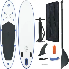 Inflatable Stand Up Paddle Board Set for Learning and Recreation, Blue and White with Oar, Removable Fin, and Carrying Bag