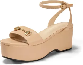 Womens Platform Sandals Chunky Wedges Heels Open Toe Ankle Strap Summer Dress Shoes with Metal Buckle